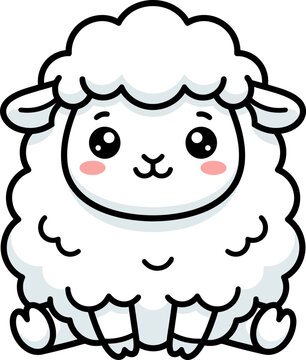 Cute kawaii sheep line art illustration for a kids coloring book featuring a fluffy lamb character design