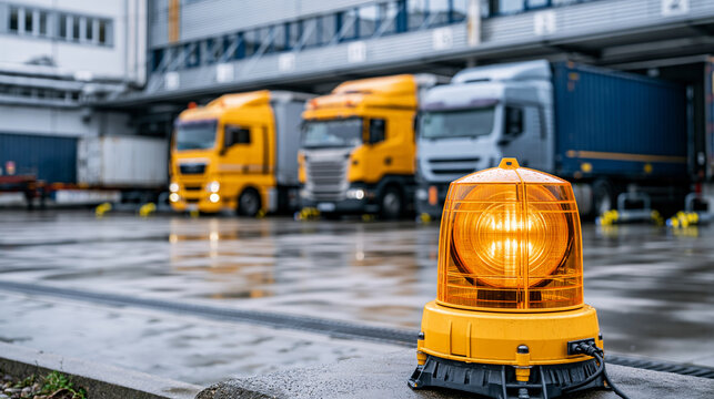 Close up amber warning beacon beside trucks at bright warehouse loading dock with wet concrete reflecting daylight freight logistics transportation