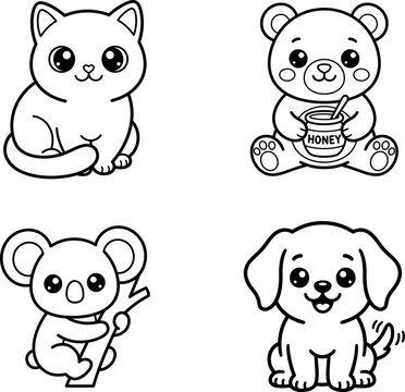 Cute cartoon animals collection for a coloring book featuring a cat bear koala and puppy for kids activity