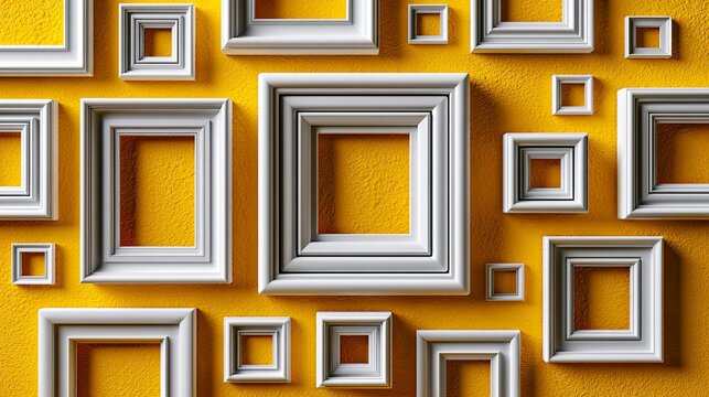 Decorative Geometric Wall Art with 3D Frames in Bright Yellow and Silver Tones.