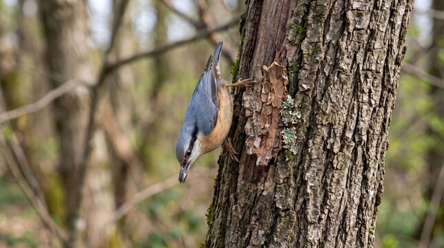 eurasian nuthatch (sitta europaea) climbing headfirst down a woodland tree trunk