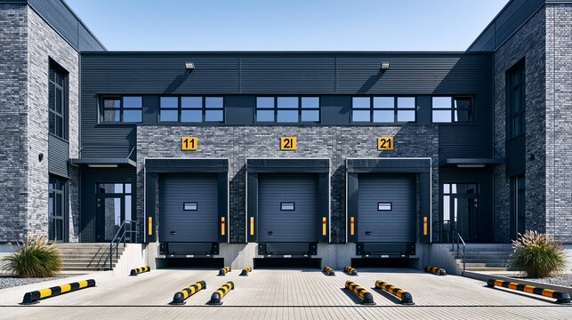 Bright exterior view of a cargo dock loading bay barrier at a modern warehouse in clear daylight with clean logistics infrastructure