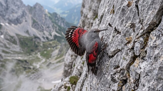 wallcreeper (tichodroma muraria) displaying red wings on a steep alpine cliff
