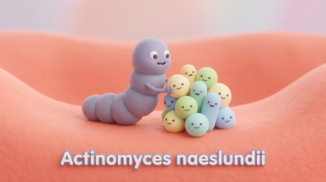 Playful cartoon microbe illustrating actinomyces naeslundii interacting with friendly gut flora characters