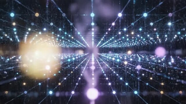 Digital Network Grid: An abstract visualization of a glowing digital network grid, with interconnected nodes and lines forming a luminous, three-dimensional space.