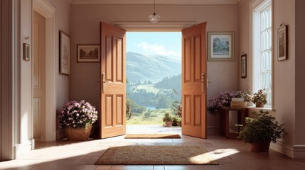 Fototapeta premium Open wooden doors reveal a breathtaking view of rolling green hills and a distant lake