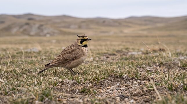 horned lark (eremophila alpestris) walking across a remote highland steppe