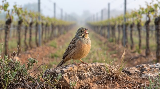ortolan bunting (emberiza hortulana) singing beside rows of rural vineyard vines