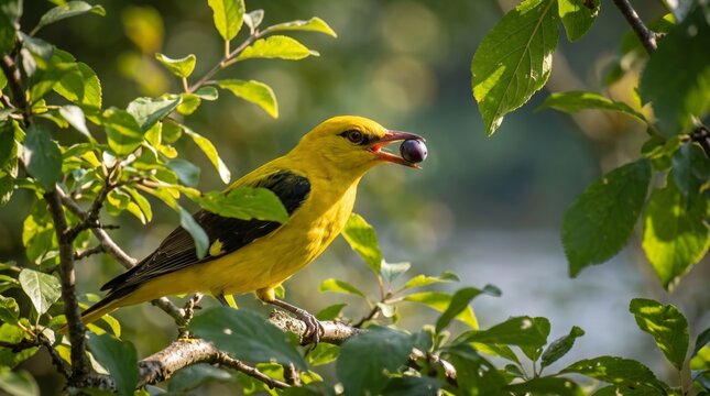 eurasian golden oriole (oriolus oriolus) eating ripe fruit in leafy tree