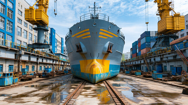 Large cargo ship in a dry dock undergoing maritime maintenance under clear daylight in a clean industrial port setting