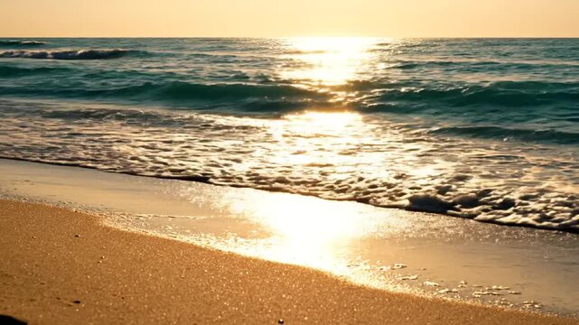 Golden Hour on Sandy Shore: The tranquil ocean waves gently lap at a sun-drenched sandy beach, reflecting the warm, golden light of the setting sun across the water and shore.