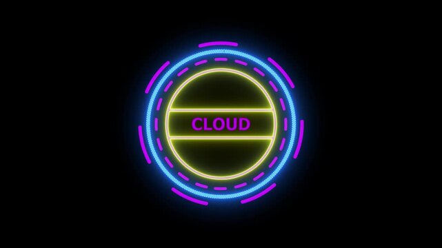 Stylish neon glowing cloud animation circle symbol modern digital technology business branding visual