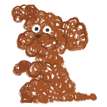 Cute brown maltipoo dog begging on hind legs isolated on white background. Hand drawn crayon textured vector illustration of playful fluffy puppy sitting up.