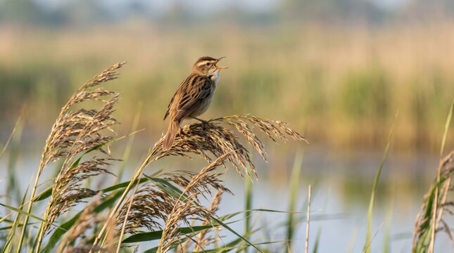 sedge warbler (acrocephalus schoenobaenus) singing on reed seedhead in wetland