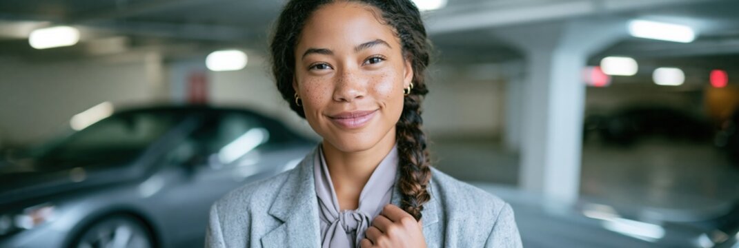 Friendly professional woman in gray blazer in indoor parking garage with blurred car for corporate portrait and banner design