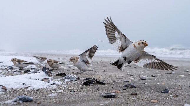 snow bunting (plectrophenax nivalis) flock flying over snowy beach