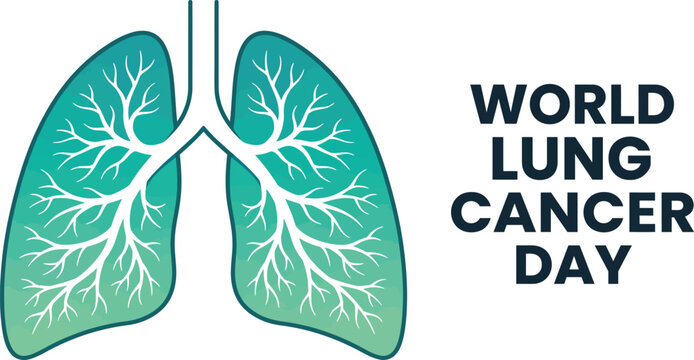 A conceptual illustration featuring a stylized pair of human lungs with intricate bronchial structures beside the bold text for world lung cancer day awareness campaign