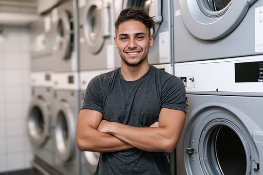 Young man standing with arms crossed in a coin laundry interior for service promo background and staff portrait