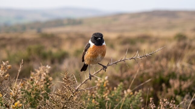 european stonechat (saxicola rubicola) perched on thorny branch in moorland