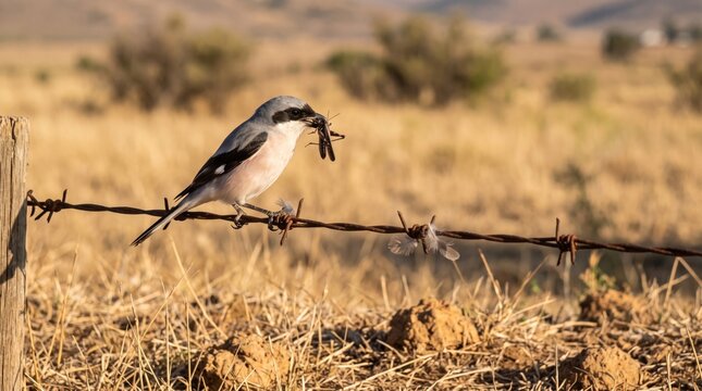 lesser grey shrike (lanius minor) perched on barbed wire with grasshopper prey