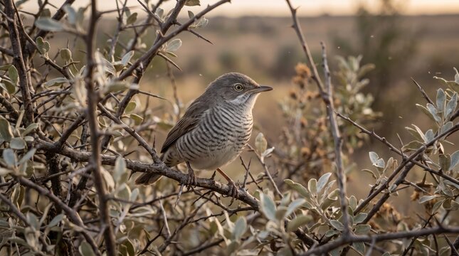 barred warbler (curruca nisoria) perched in thorny shrub