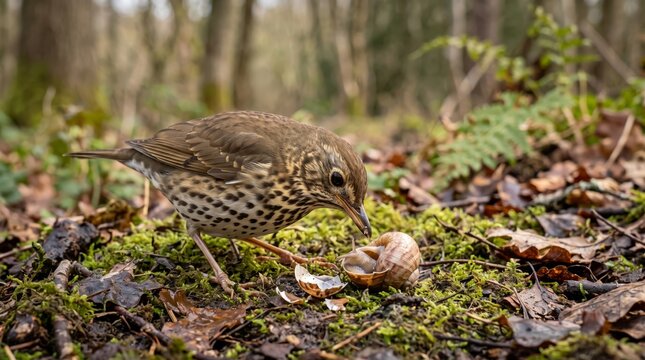 song thrush (turdus philomelos) eating snail on forest floor