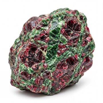 A raw eclogite rock specimen showing deep red garnet crystals embedded in a vibrant green matrix.