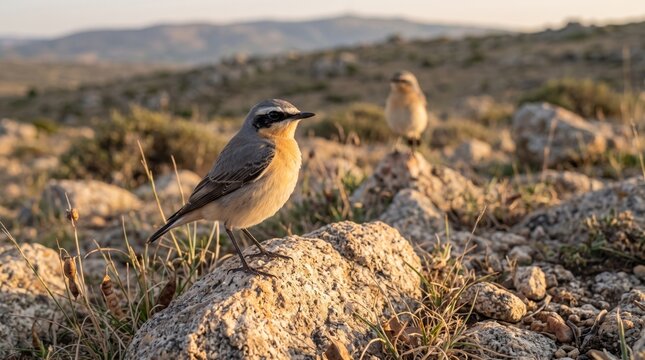 northern wheatear (oenanthe oenanthe) perched on rock in dry grassland