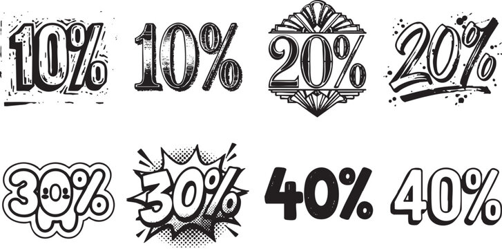 Set of black and white discount percentage labels and sale promotion numbers for retail