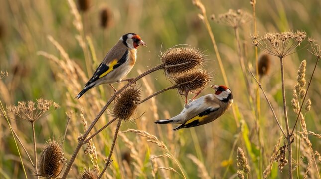 european goldfinches (carduelis carduelis) feeding on teasel seeds
