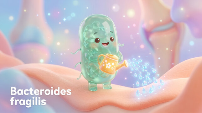Cute animated probiotic character watering gut flora bacteroides fragilis in a colorful microbiome environment