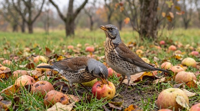 fieldfares (turdus pilaris) eating fallen apples in orchard
