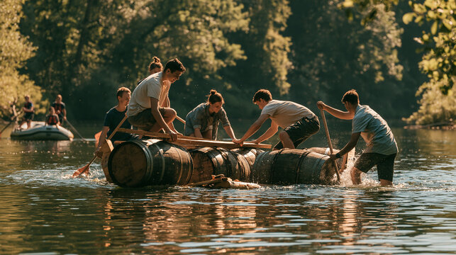 Friends rafting together on a summer river with splashing water and teamwork adventure outdoors scenery