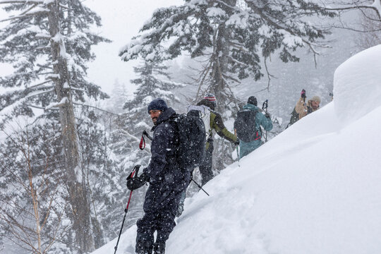 Men ski touring in deep powder in Hokkaido, Japan