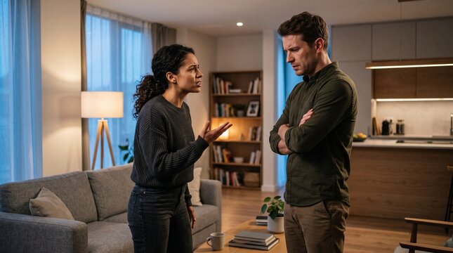 Couple arguing in living room environment concept of relationship conflict communication problems emotional discussion and family issues