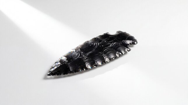 A sharp black obsidian arrowhead resting on a clean white surface with soft directional lighting.