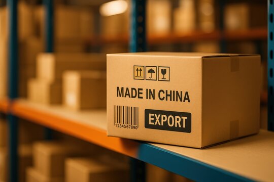 A brown cardboard box marked 'Made in China' and 'Export' sits on a warehouse shelf. Perfect for illustrating global shipping, logistics, and supply chain concepts.