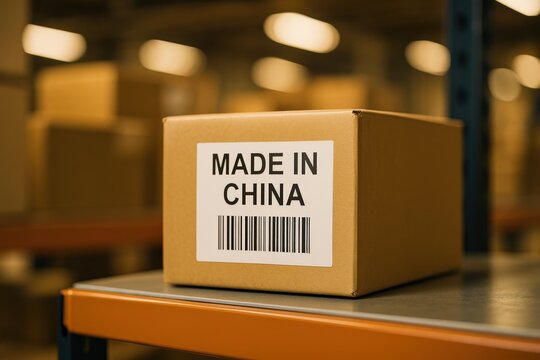 A brown cardboard box with a 'Made in China' label and barcode on a warehouse shelf. Ideal for global manufacturing, supply chain, international trade, and e-commerce visuals.