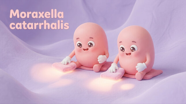 Cute cartoon microbe characters representing moraxella catarrhalis playing together on a soft purple background