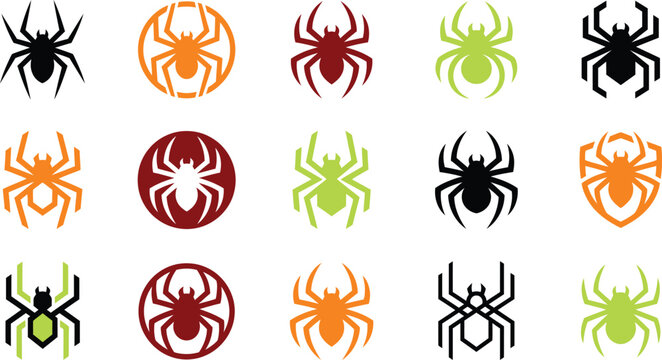 Spider logo icon set, 15 colorful arachnid vector symbols, minimalist spider silhouettes for Halloween and security branding, modern insect graphic elements