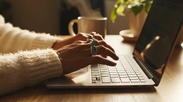 Close-up of Woman's Hands Typing on Laptop with Coffee