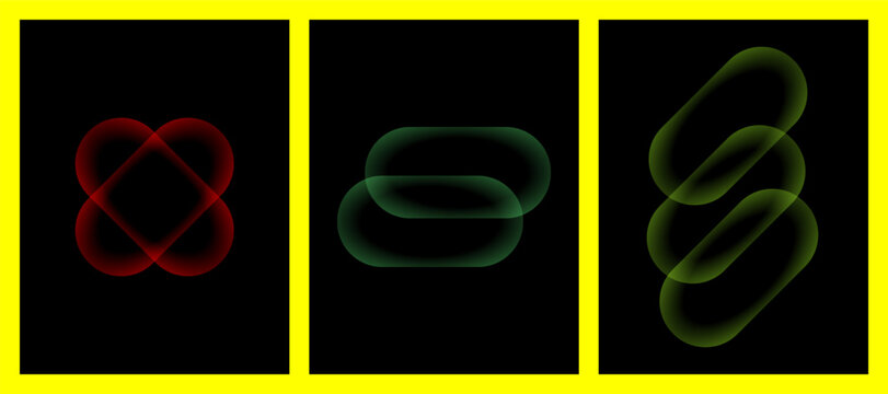 Abstract glowing geometric shapes on black. Modern neon light patterns for digital design.