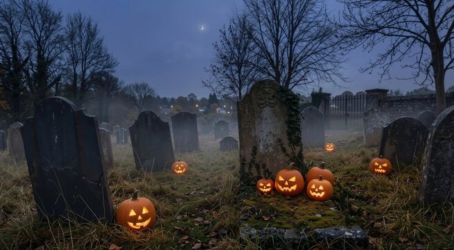 Spooky graveyard scene with old tombstones and glowing pumpkins. Foggy cemetery at night with illuminated jack-o-lanterns and crescent moon. Halloween holiday theme