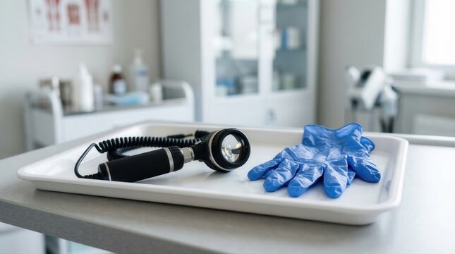 An otoscope and blue medical gloves are neatly arranged on a white tray in a bright clinic room