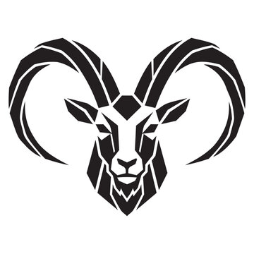 Geometric ram head logo icon with large curved horns in a flat black and white vector style
