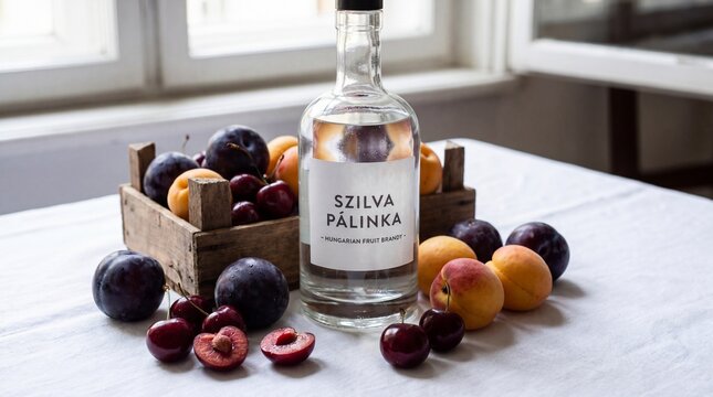 A clear glass bottle of Szilva Palinka stands beside a wooden crate filled with fresh fruit.