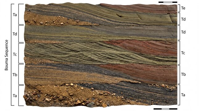 A close up view of a sedimentary rock outcrop showing the distinct layers of the Bouma sequence.