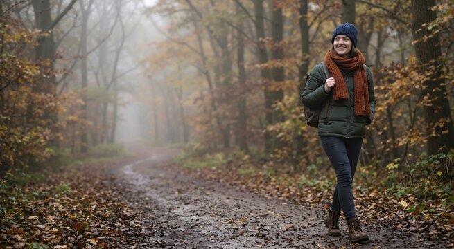 Woman wearing warm scarf and hat walking through chilly autumn mist. Happy female hiker with backpack on a foggy forest trail
