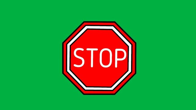Red octagonal stop sign icon on chroma key green background for traffic safety and warning symbol concept