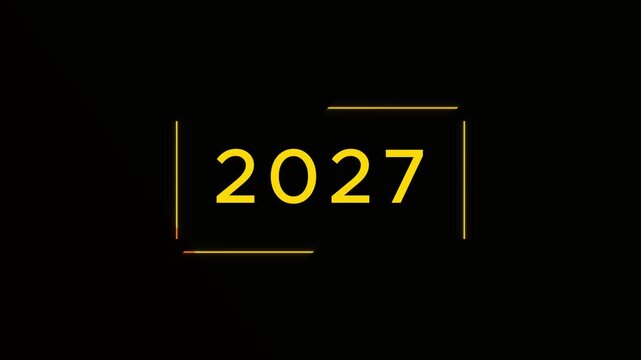 Glowing neon yellow color 2027 icon animation on black background